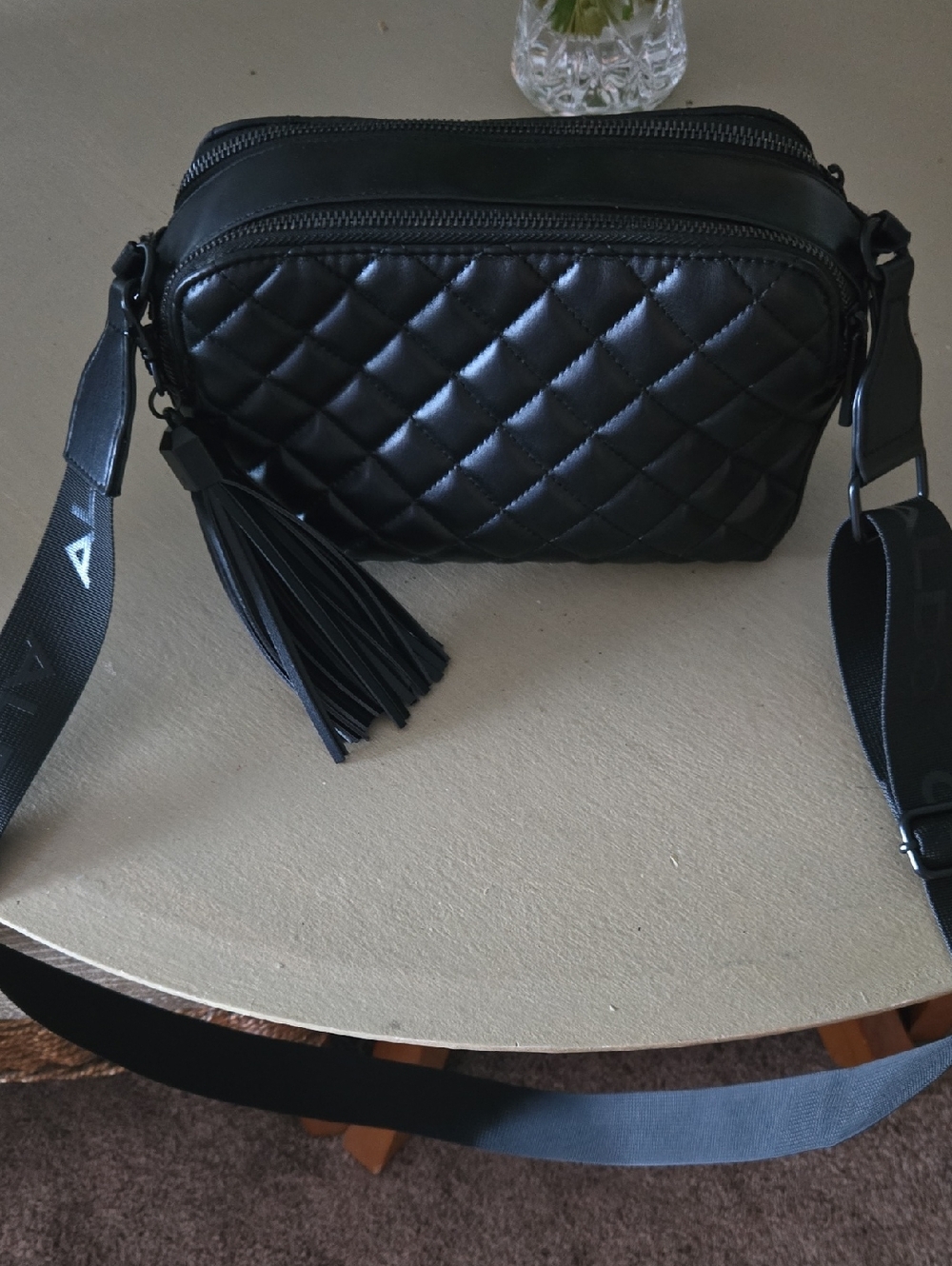 Quilted Black Double Zip Crossbody with Tassel Adj Strap